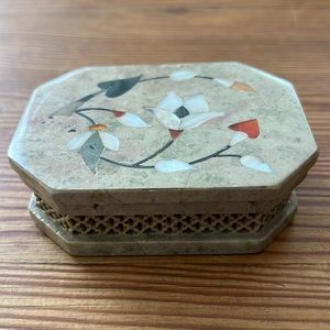 Mother of Pearl & Gemstone Inlay Hand-Carved Soapstone Trinket Box from India